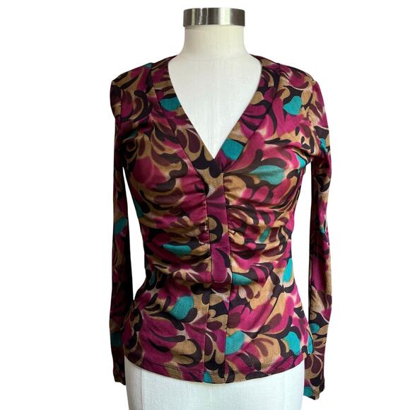 Y2K New York & Company Floral Cinched Waist Long Sleeve Blouse Size Small - Picture 1 of 8